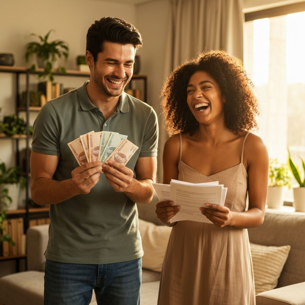 Casal feliz economizando nas contas