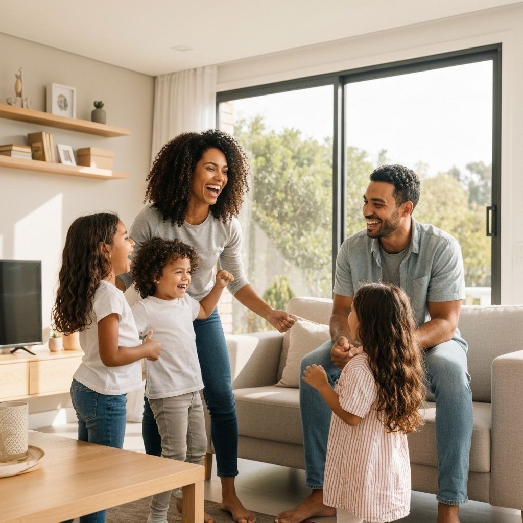 Família feliz economizando com energia solar